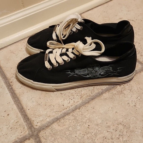 Harley Davidson Black Lace-Up Shoes w/ Flame Soles Men's 9.5 Women's 11 - Picture 2 of 11